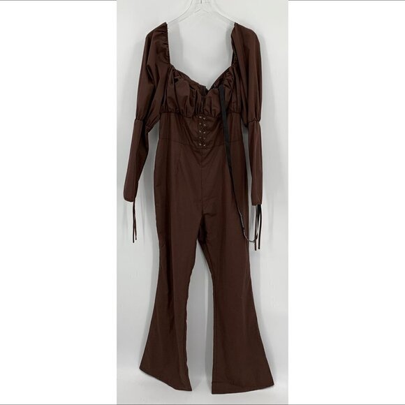Pretty Little Thing puff sleeve lace-up waist jumpsuit chocolate brown new 12 - Picture 2 of 6